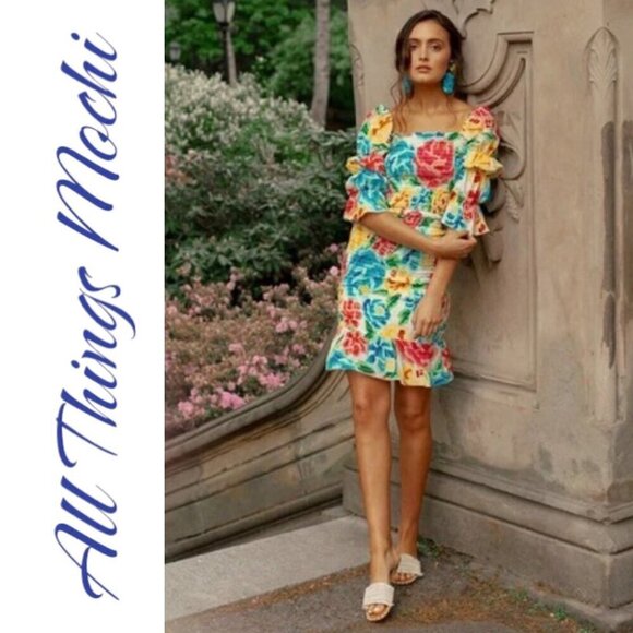 NWT ALL THINGS MOCHI Marianna Silk Smocked Bold Floral Ruffle Mini Dress, Small - Picture 3 of 9